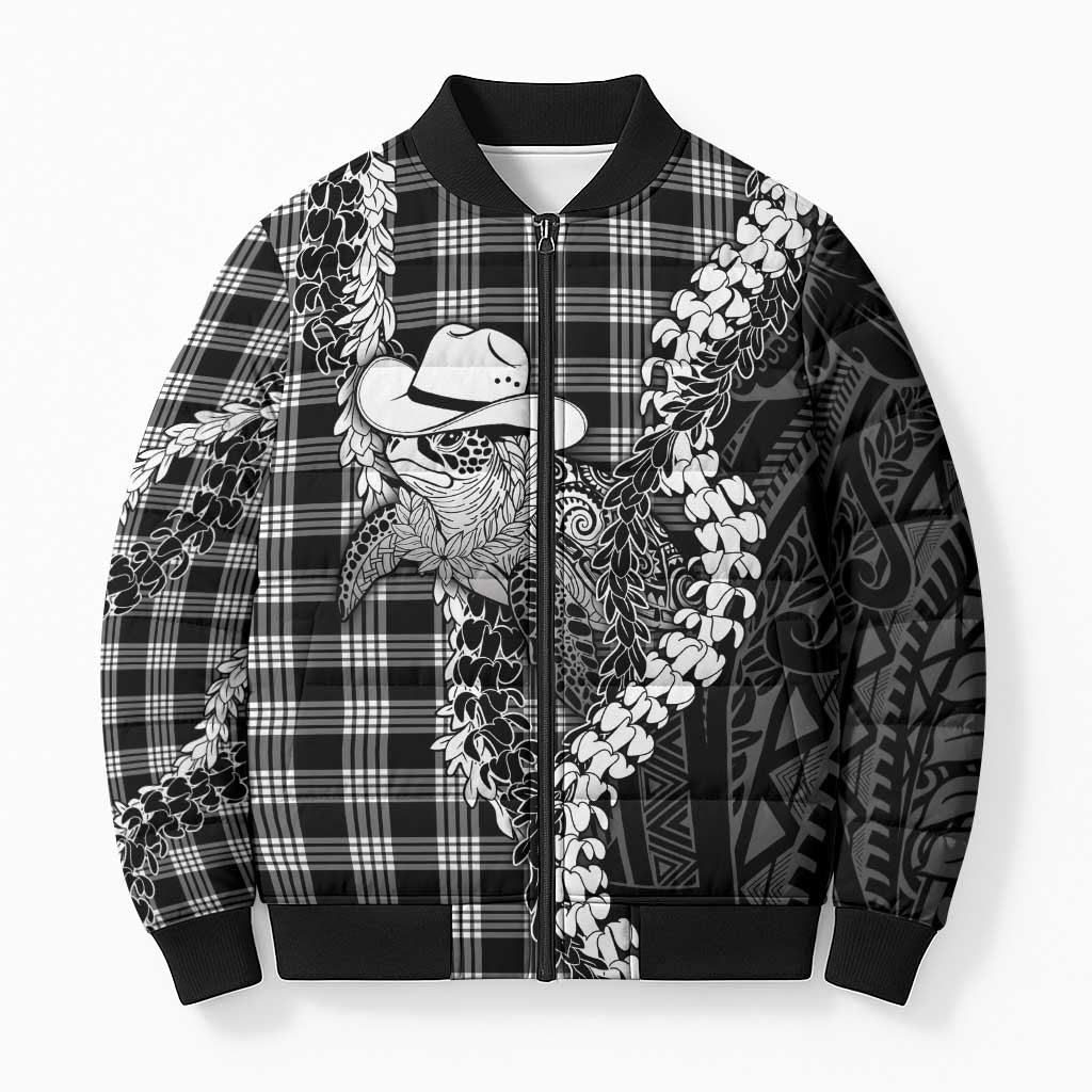 Black Hawaii Palaka Cowboy Turtle Bomber Puffer Jacket Hawaiian Paniolo Puakenikeni Maile Lei