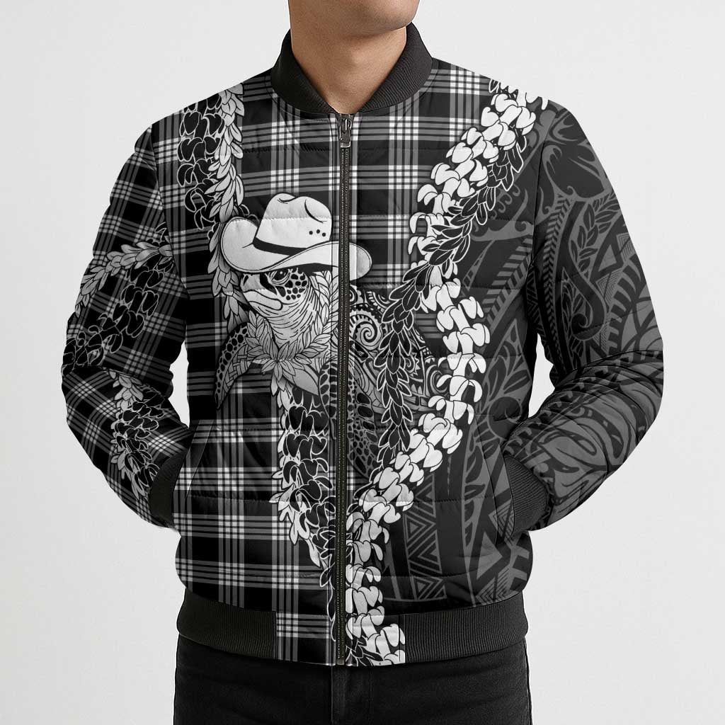 Black Hawaii Palaka Cowboy Turtle Bomber Puffer Jacket Hawaiian Paniolo Puakenikeni Maile Lei