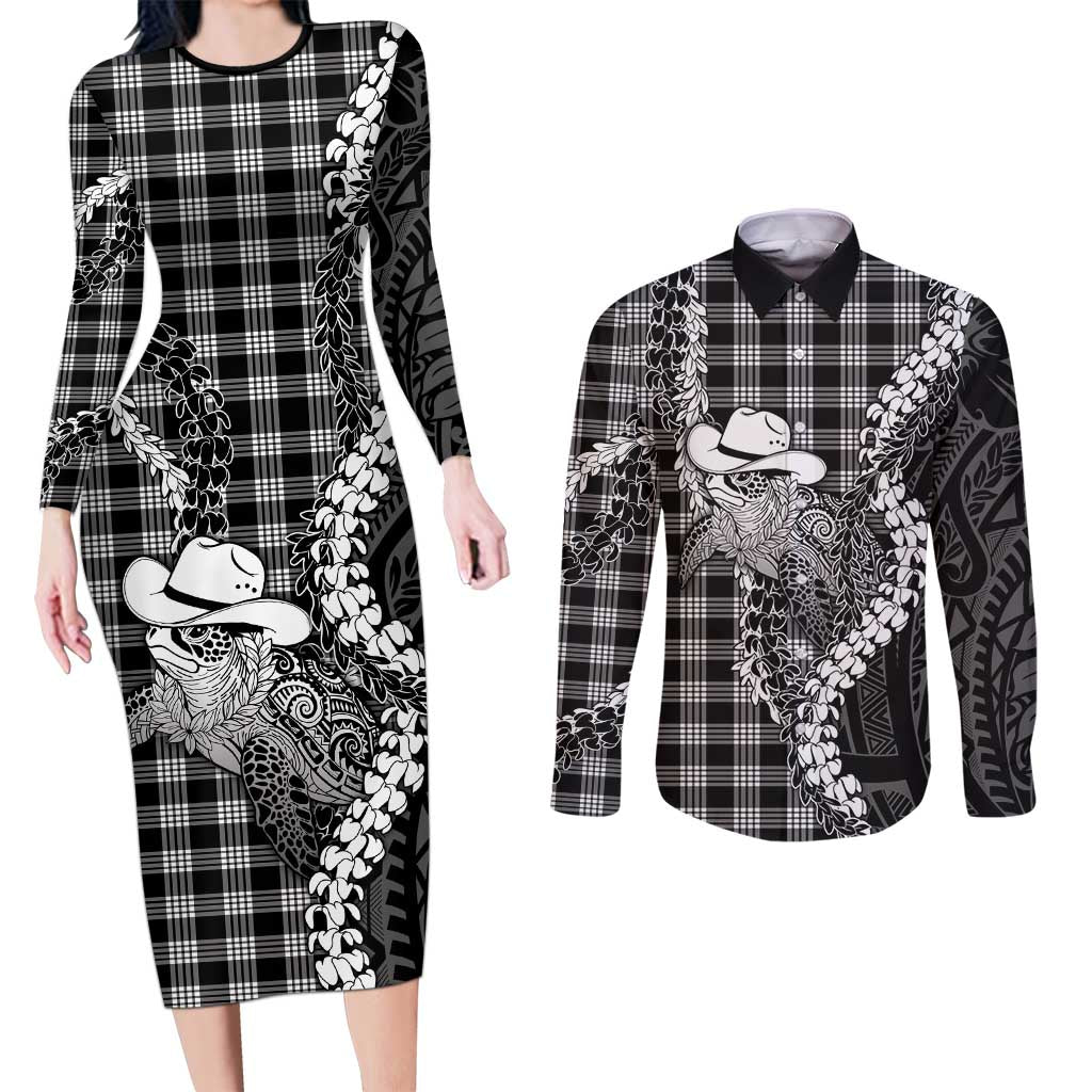 Black Hawaii Palaka Cowboy Turtle Couples Matching Long Sleeve Bodycon Dress and Long Sleeve Button Shirt Hawaiian Paniolo Puakenikeni Maile Lei DT05 Black - Polynesian Pride