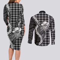 Black Hawaii Palaka Cowboy Turtle Couples Matching Long Sleeve Bodycon Dress and Long Sleeve Button Shirt Hawaiian Paniolo Puakenikeni Maile Lei DT05 - Polynesian Pride