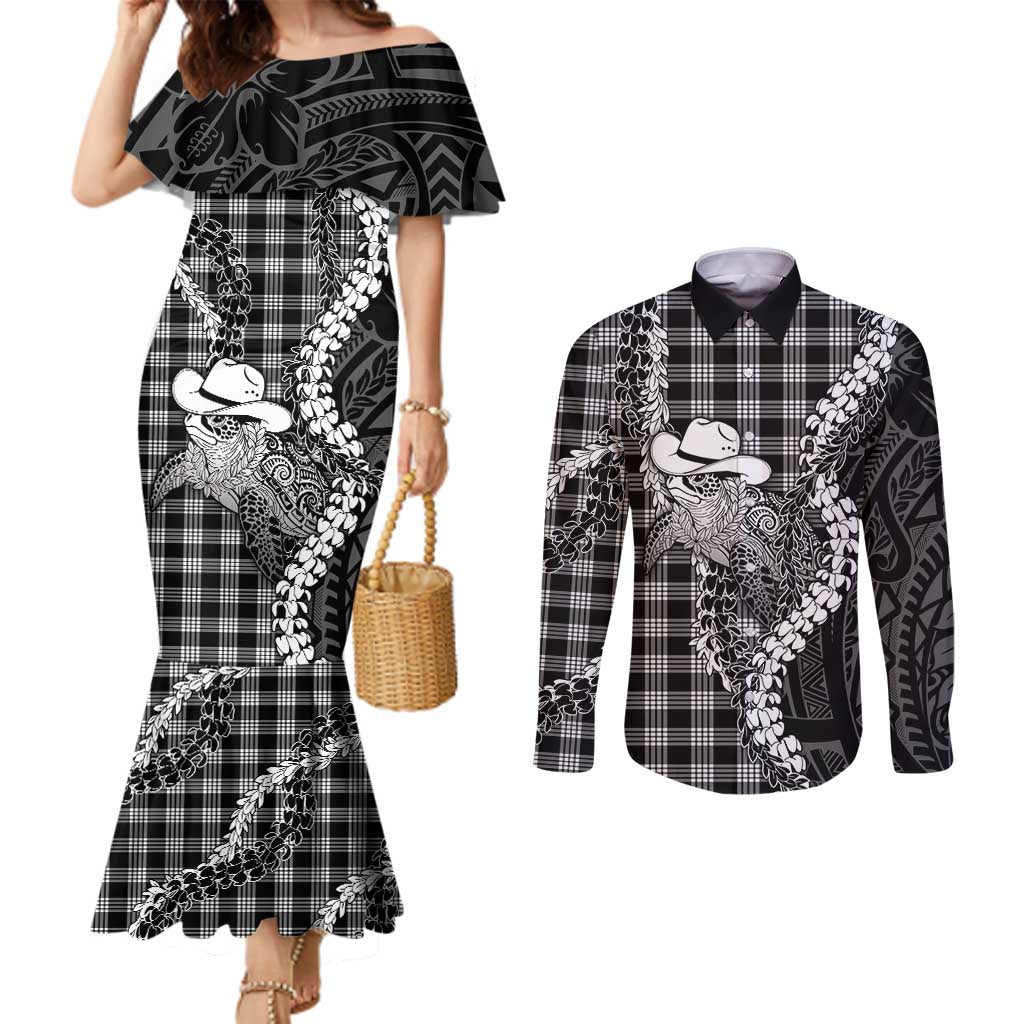 Black Hawaii Palaka Cowboy Turtle Couples Matching Mermaid Dress and Long Sleeve Button Shirt Hawaiian Paniolo Puakenikeni Maile Lei