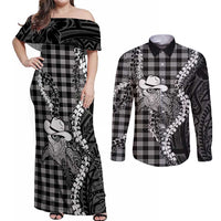 Black Hawaii Palaka Cowboy Turtle Couples Matching Off Shoulder Maxi Dress and Long Sleeve Button Shirt Hawaiian Paniolo Puakenikeni Maile Lei DT05 Black - Polynesian Pride