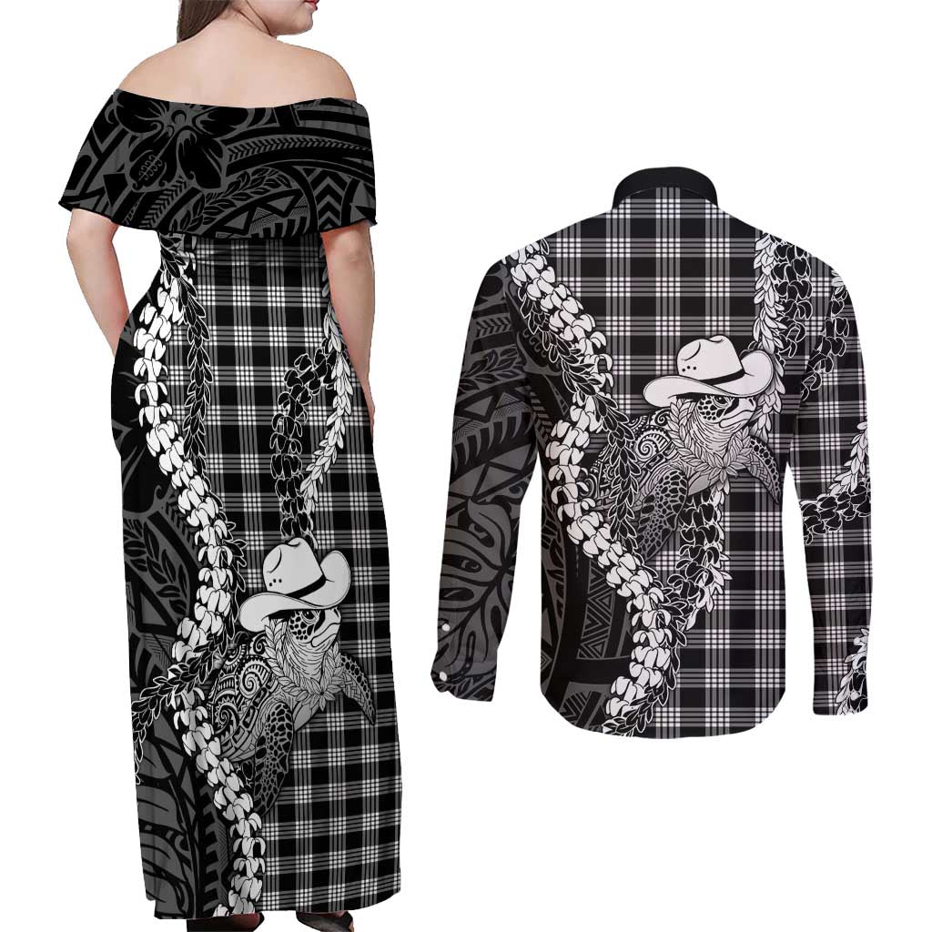 Black Hawaii Palaka Cowboy Turtle Couples Matching Off Shoulder Maxi Dress and Long Sleeve Button Shirt Hawaiian Paniolo Puakenikeni Maile Lei DT05 - Polynesian Pride