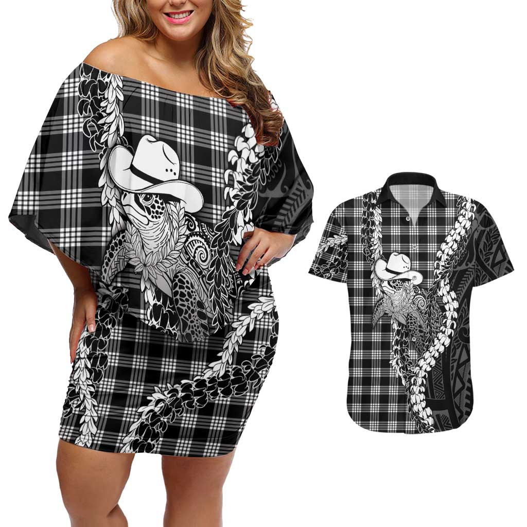Black Hawaii Palaka Cowboy Turtle Couples Matching Off Shoulder Short Dress and Hawaiian Shirt Hawaiian Paniolo Puakenikeni Maile Lei
