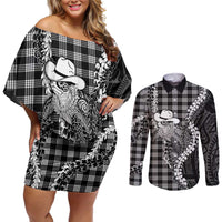 Black Hawaii Palaka Cowboy Turtle Couples Matching Off Shoulder Short Dress and Long Sleeve Button Shirt Hawaiian Paniolo Puakenikeni Maile Lei DT05 Black - Polynesian Pride