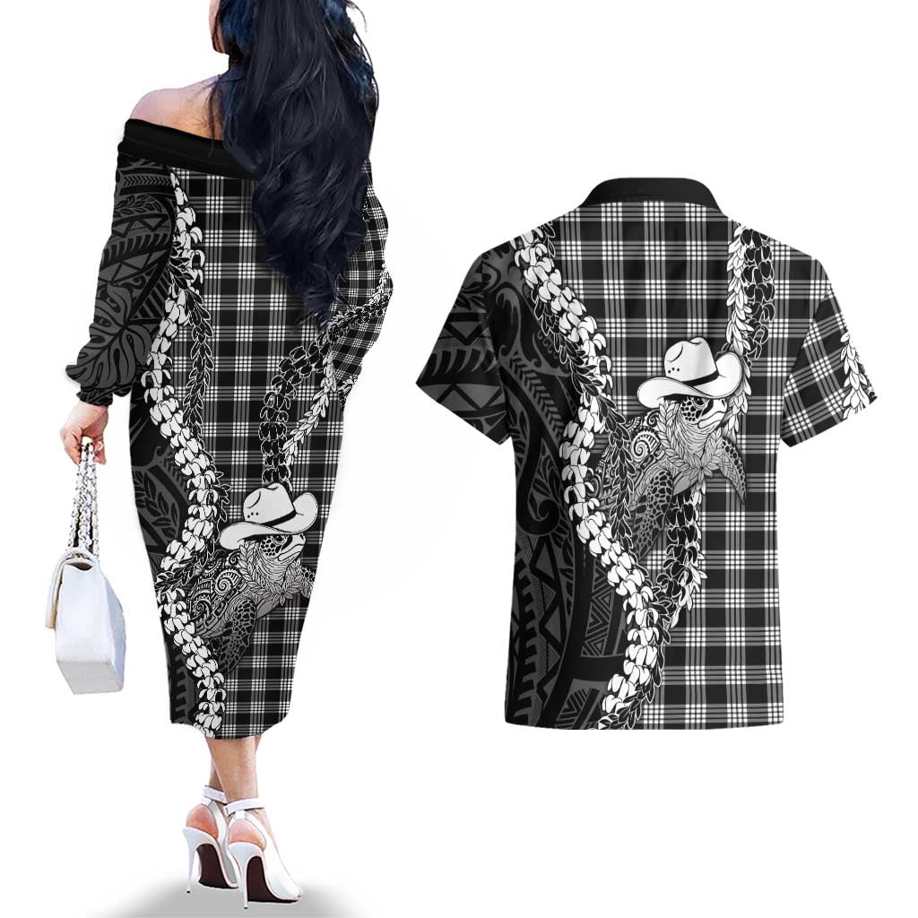 Black Hawaii Palaka Cowboy Turtle Couples Matching Off The Shoulder Long Sleeve Dress and Hawaiian Shirt Hawaiian Paniolo Puakenikeni Maile Lei DT05 - Polynesian Pride