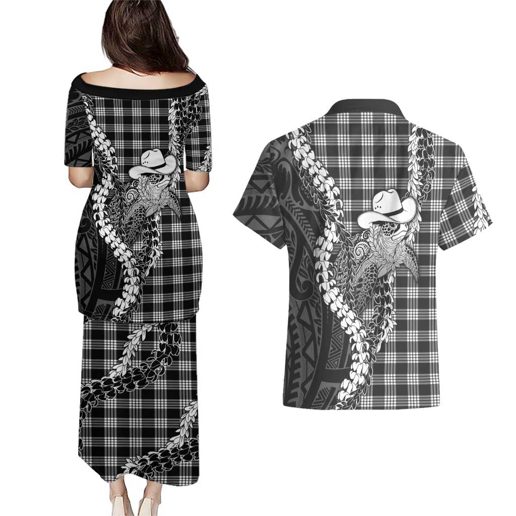 Black Hawaii Palaka Cowboy Turtle Couples Matching Puletasi and Hawaiian Shirt Hawaiian Paniolo Puakenikeni Maile Lei DT05 - Polynesian Pride