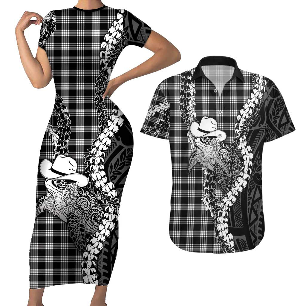 Black Hawaii Palaka Cowboy Turtle Couples Matching Short Sleeve Bodycon Dress and Hawaiian Shirt Hawaiian Paniolo Puakenikeni Maile Lei DT05 Black - Polynesian Pride