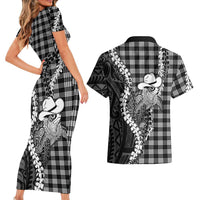 Black Hawaii Palaka Cowboy Turtle Couples Matching Short Sleeve Bodycon Dress and Hawaiian Shirt Hawaiian Paniolo Puakenikeni Maile Lei DT05 - Polynesian Pride
