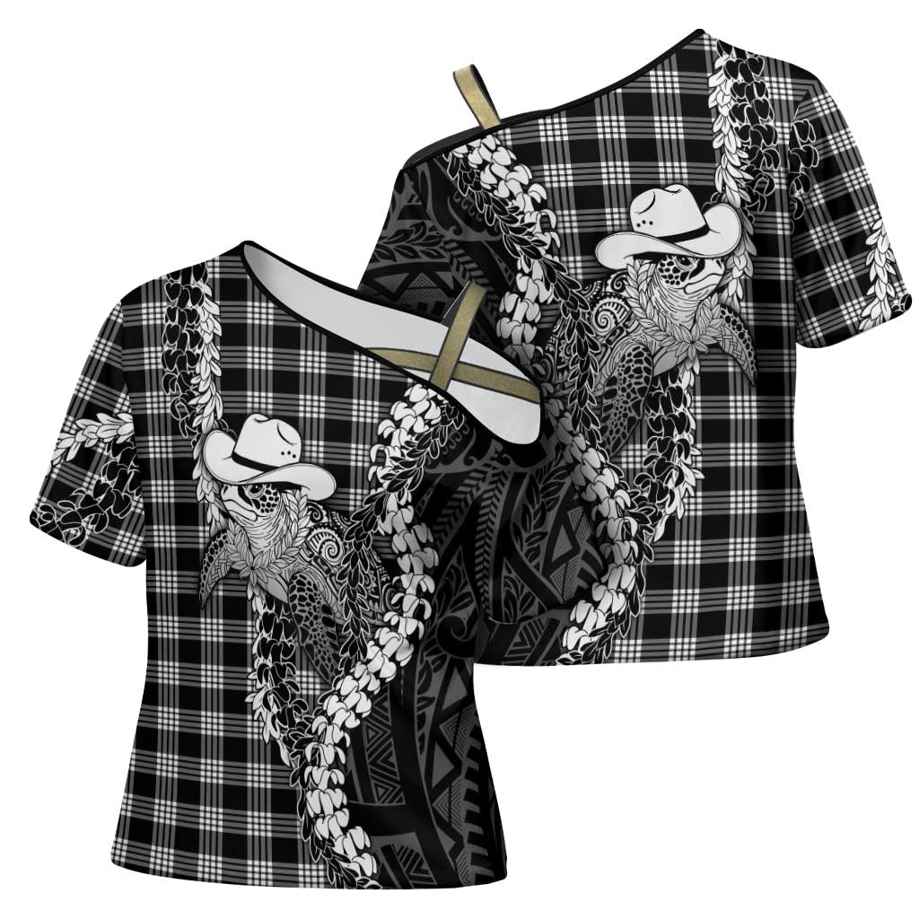 Black Hawaii Palaka Cowboy Turtle Cross Shoulder Shirt Hawaiian Paniolo Puakenikeni Maile Lei