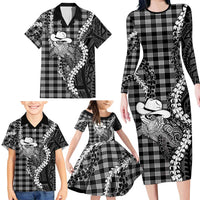 Black Hawaii Palaka Cowboy Turtle Family Matching Long Sleeve Bodycon Dress and Hawaiian Shirt Hawaiian Paniolo Puakenikeni Maile Lei DT05 - Polynesian Pride