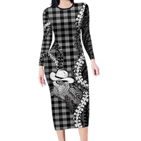Black Hawaii Palaka Cowboy Turtle Family Matching Long Sleeve Bodycon Dress and Hawaiian Shirt Hawaiian Paniolo Puakenikeni Maile Lei DT05 Mom's Dress Black - Polynesian Pride