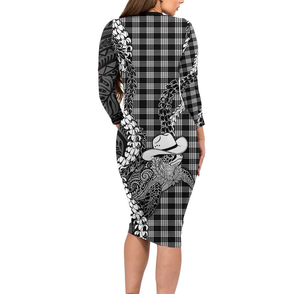 Black Hawaii Palaka Cowboy Turtle Family Matching Long Sleeve Bodycon Dress and Hawaiian Shirt Hawaiian Paniolo Puakenikeni Maile Lei DT05 - Polynesian Pride