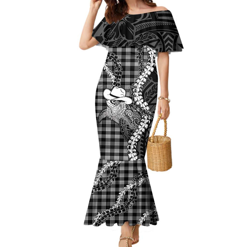 Black Hawaii Palaka Cowboy Turtle Family Matching Mermaid Dress and Hawaiian Shirt Hawaiian Paniolo Puakenikeni Maile Lei DT05 Mom's Dress Black - Polynesian Pride