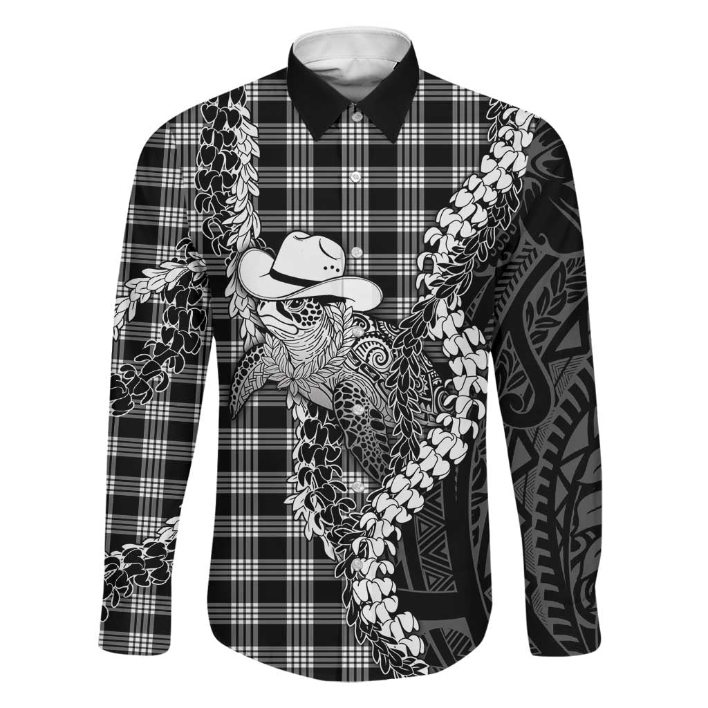 Black Hawaii Palaka Cowboy Turtle Family Matching Off The Shoulder Long Sleeve Dress and Hawaiian Shirt Hawaiian Paniolo Puakenikeni Maile Lei DT05 Dad's Shirt - Long Sleeve Black - Polynesian Pride