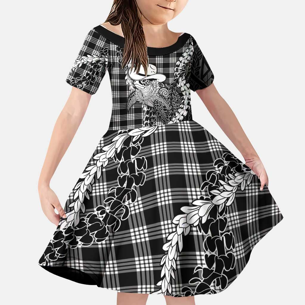 Black Hawaii Palaka Cowboy Turtle Family Matching Off Shoulder Short Dress and Hawaiian Shirt Hawaiian Paniolo Puakenikeni Maile Lei DT05 Daughter's Dress Black - Polynesian Pride