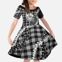 Black Hawaii Palaka Cowboy Turtle Family Matching Short Sleeve Bodycon Dress and Hawaiian Shirt Hawaiian Paniolo Puakenikeni Maile Lei DT05 Daughter's Dress Black - Polynesian Pride