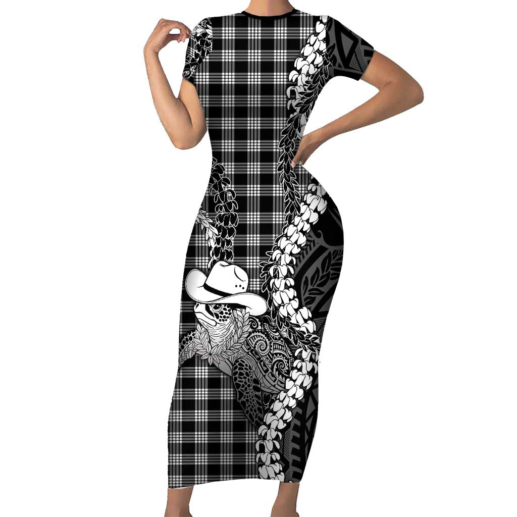 Black Hawaii Palaka Cowboy Turtle Family Matching Short Sleeve Bodycon Dress and Hawaiian Shirt Hawaiian Paniolo Puakenikeni Maile Lei DT05 Mom's Dress Black - Polynesian Pride