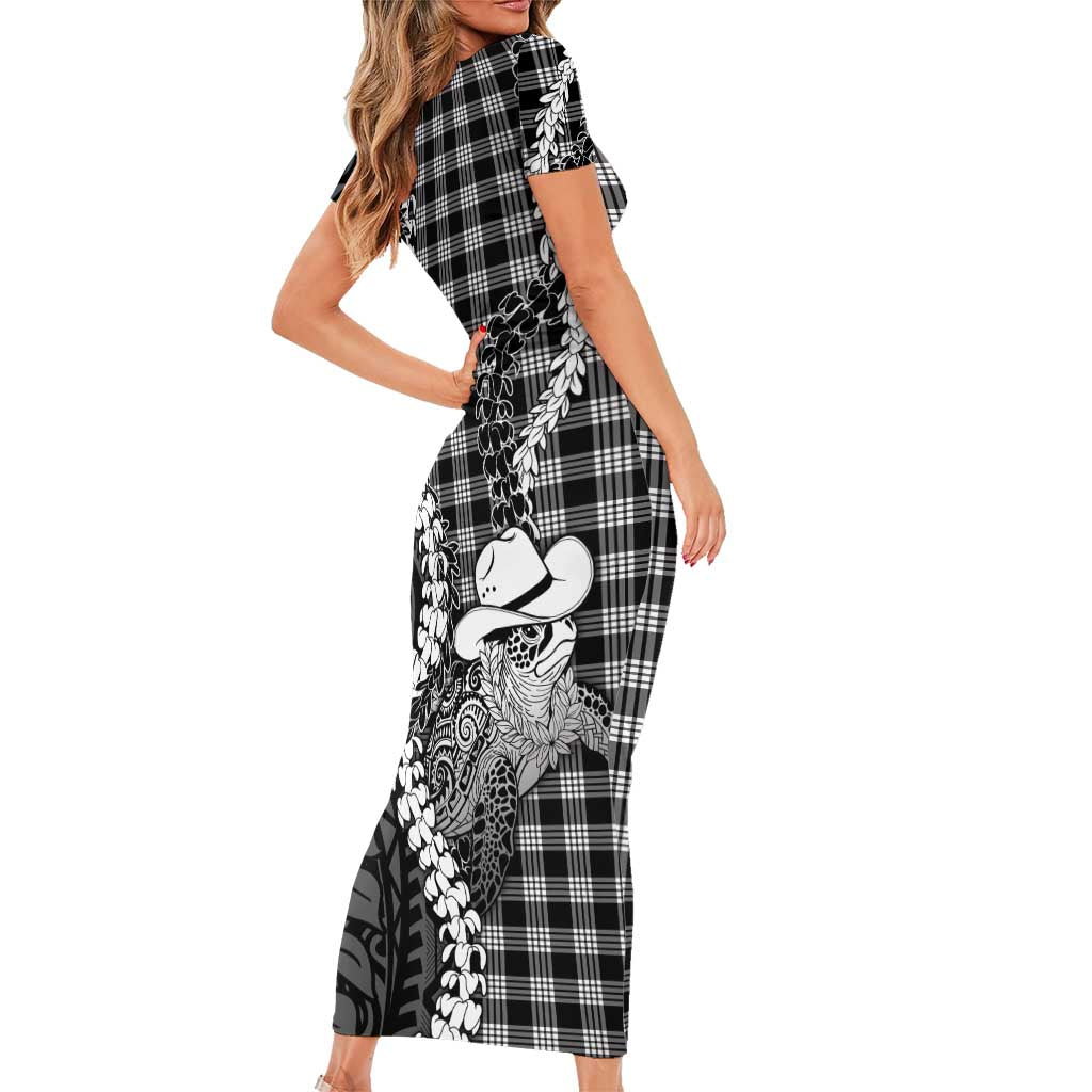 Black Hawaii Palaka Cowboy Turtle Family Matching Short Sleeve Bodycon Dress and Hawaiian Shirt Hawaiian Paniolo Puakenikeni Maile Lei DT05 - Polynesian Pride
