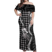 Black Hawaii Palaka Cowboy Turtle Off Shoulder Maxi Dress Hawaiian Paniolo Puakenikeni Maile Lei