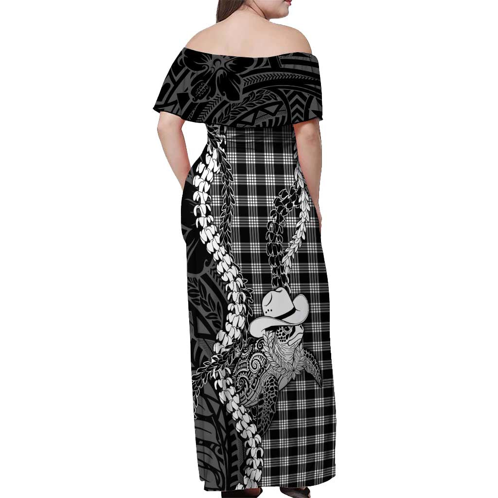 Black Hawaii Palaka Cowboy Turtle Off Shoulder Maxi Dress Hawaiian Paniolo Puakenikeni Maile Lei