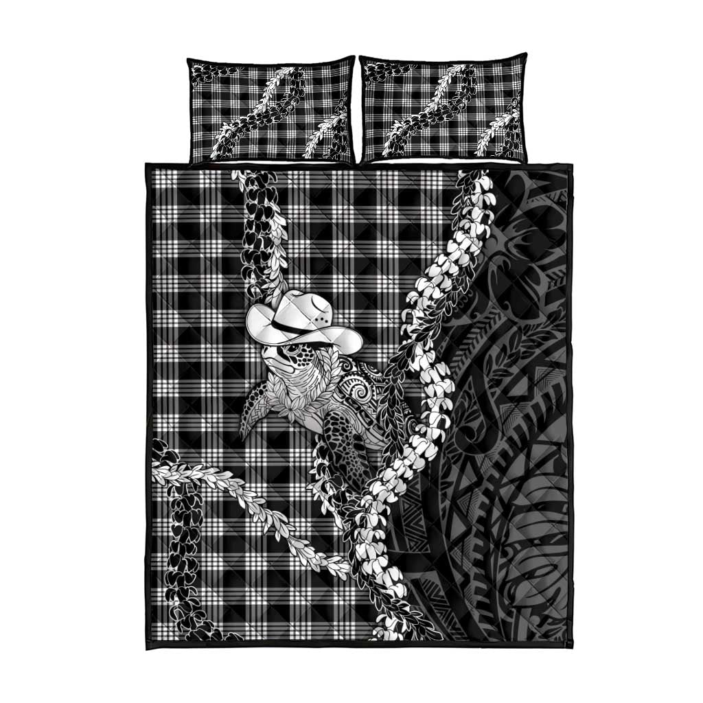 Black Hawaii Palaka Cowboy Turtle Quilt Bed Set Hawaiian Paniolo Puakenikeni Maile Lei