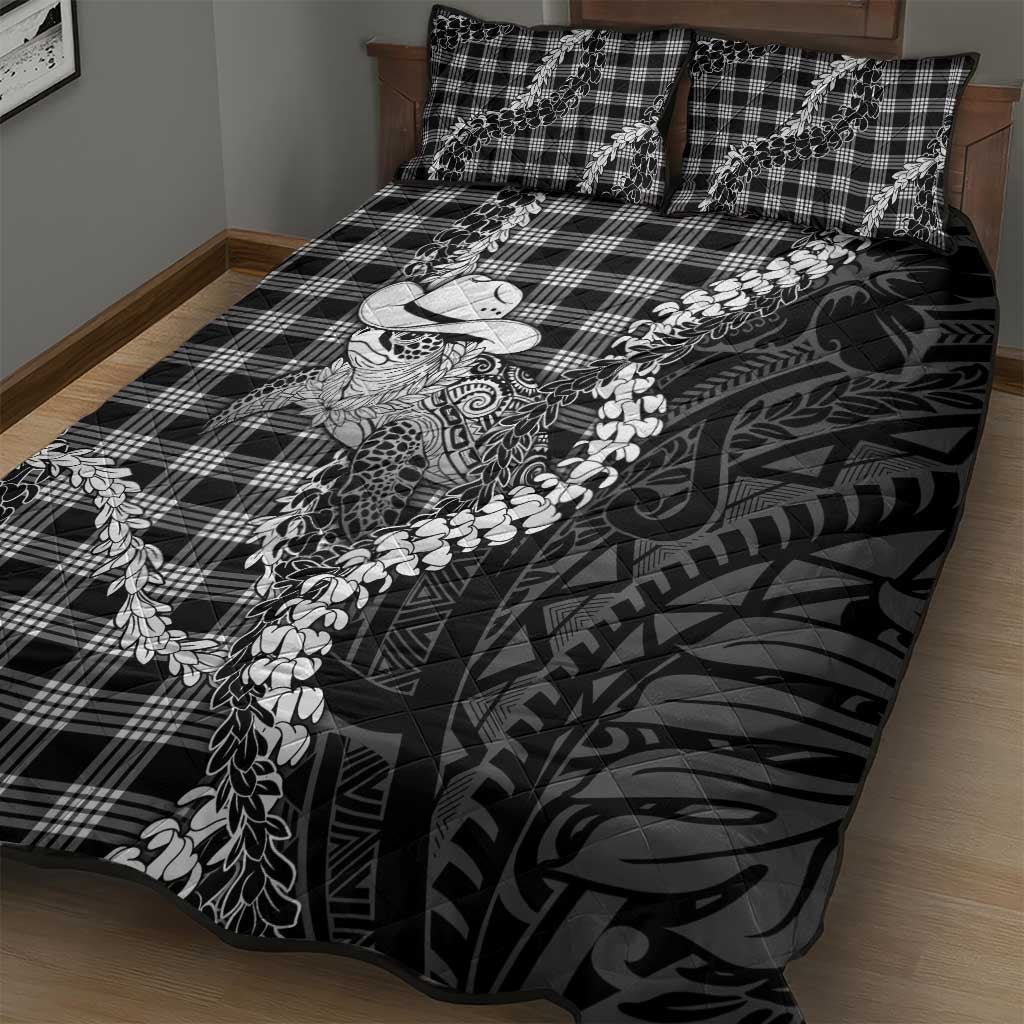 Black Hawaii Palaka Cowboy Turtle Quilt Bed Set Hawaiian Paniolo Puakenikeni Maile Lei