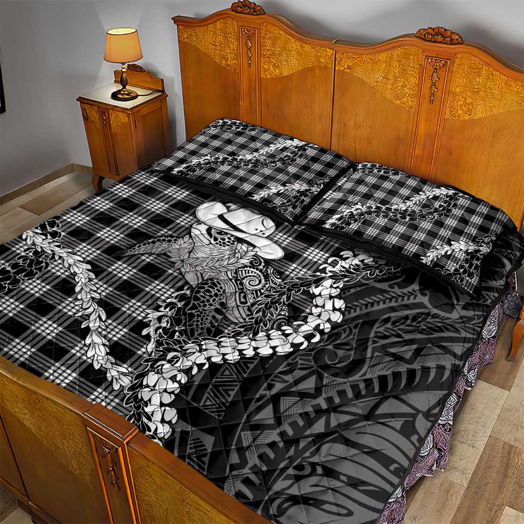 Black Hawaii Palaka Cowboy Turtle Quilt Bed Set Hawaiian Paniolo Puakenikeni Maile Lei