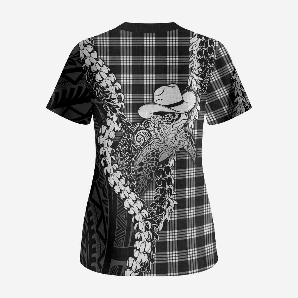 Black Hawaii Palaka Cowboy Turtle Scrub Top Hawaiian Paniolo Puakenikeni Maile Lei