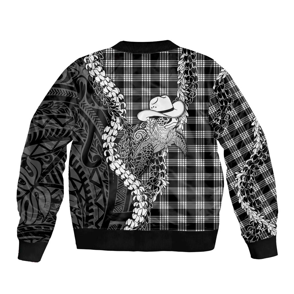 Black Hawaii Palaka Cowboy Turtle Sleeve Zip Bomber Jacket Hawaiian Paniolo Puakenikeni Maile Lei