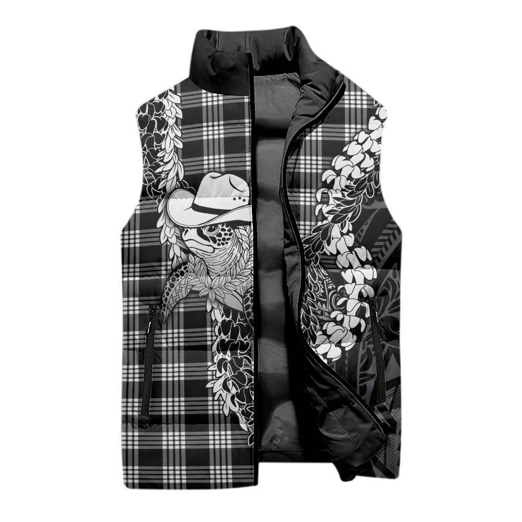 Black Hawaii Palaka Cowboy Turtle Sleeveless Puffer Jacket Hawaiian Paniolo Puakenikeni Maile Lei