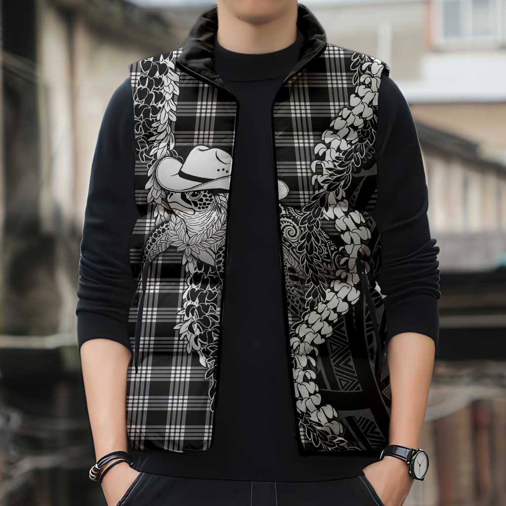 Black Hawaii Palaka Cowboy Turtle Sleeveless Puffer Jacket Hawaiian Paniolo Puakenikeni Maile Lei