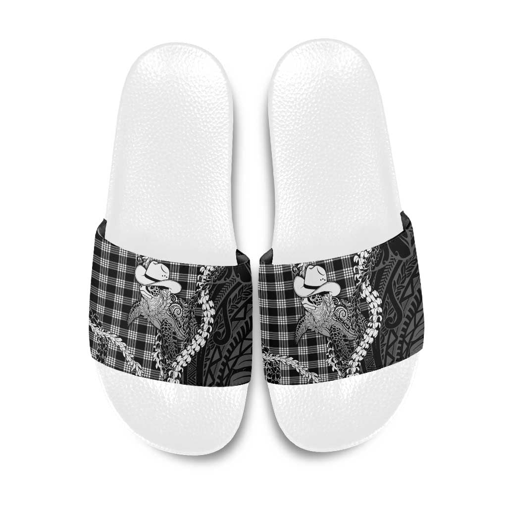 Black Hawaii Palaka Cowboy Turtle Slide Sandals Hawaiian Paniolo Puakenikeni Maile Lei