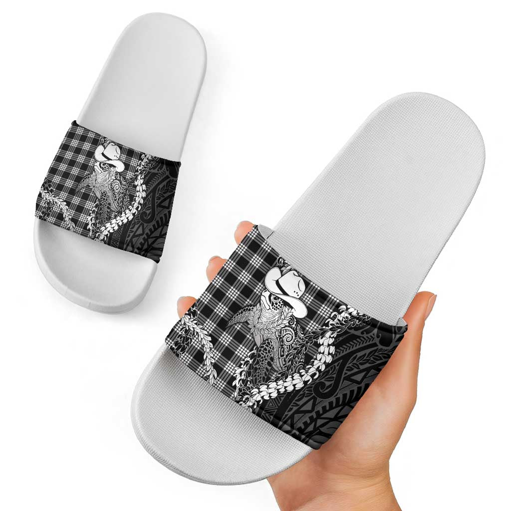 Black Hawaii Palaka Cowboy Turtle Slide Sandals Hawaiian Paniolo Puakenikeni Maile Lei