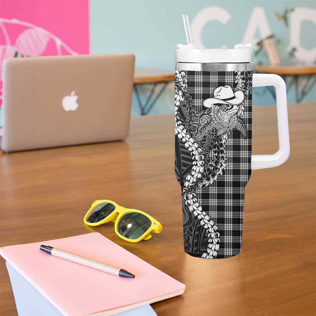Black Hawaii Palaka Cowboy Turtle Tumbler With Handle Hawaiian Paniolo Puakenikeni Maile Lei