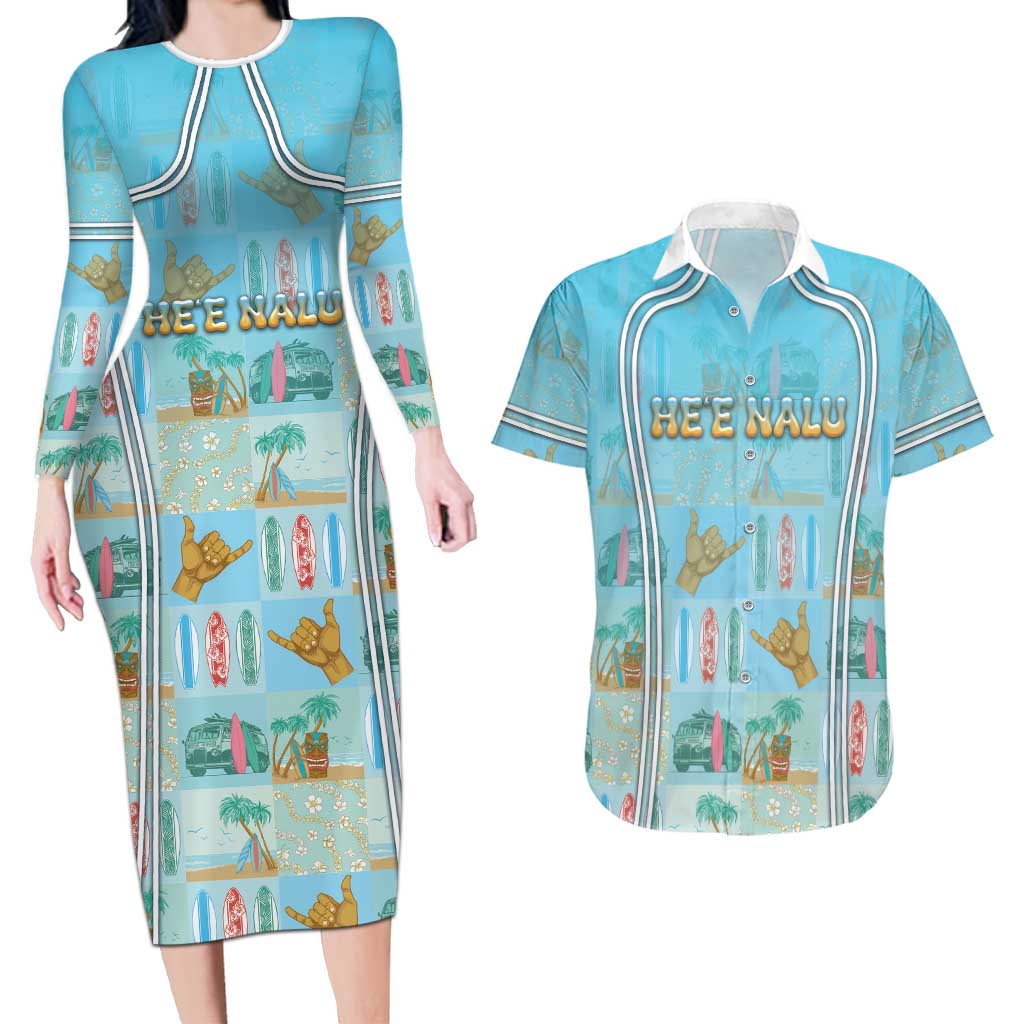 Custom Hawaii Surfing Couples Matching Long Sleeve Bodycon Dress and Hawaiian Shirt He'e Nalu DT05 Blue - Polynesian Pride