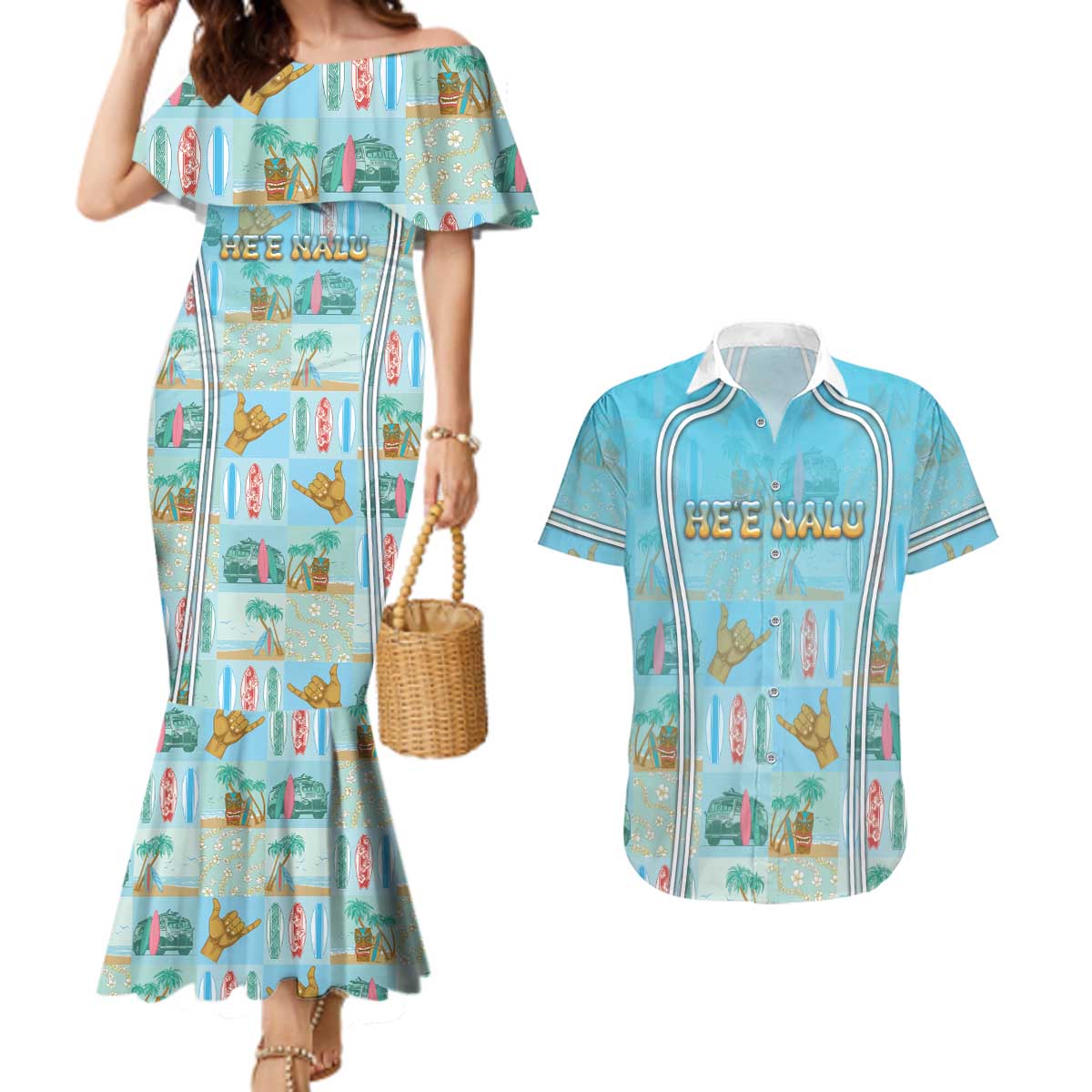 Custom Hawaii Surfing Couples Matching Mermaid Dress and Hawaiian Shirt He'e Nalu DT05 Blue - Polynesian Pride