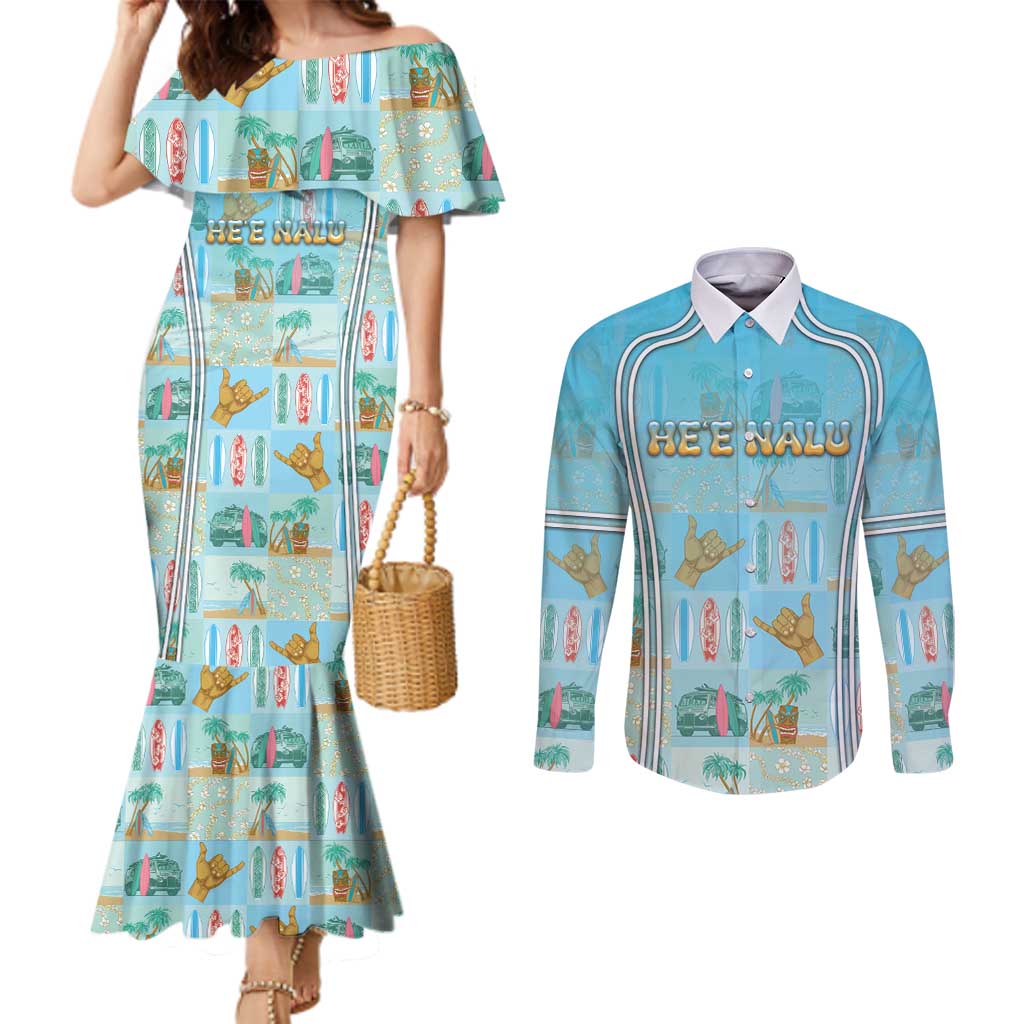 Custom Hawaii Surfing Couples Matching Mermaid Dress and Long Sleeve Button Shirt He'e Nalu DT05 Blue - Polynesian Pride