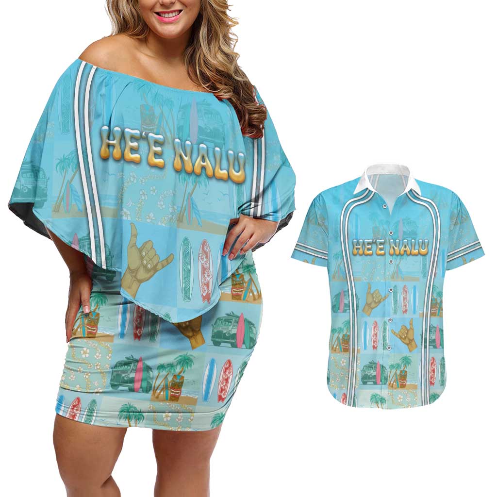 Custom Hawaii Surfing Couples Matching Off Shoulder Short Dress and Hawaiian Shirt He'e Nalu
