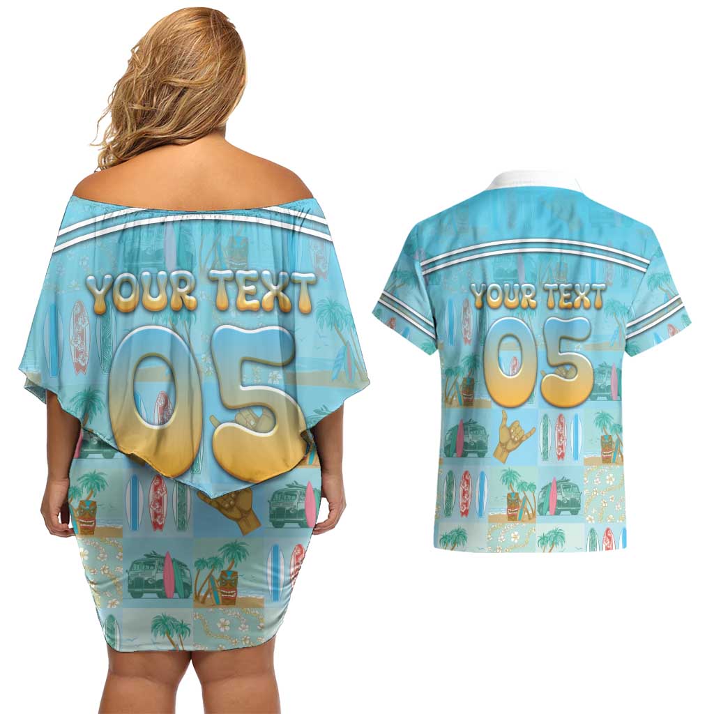 Custom Hawaii Surfing Couples Matching Off Shoulder Short Dress and Hawaiian Shirt He'e Nalu