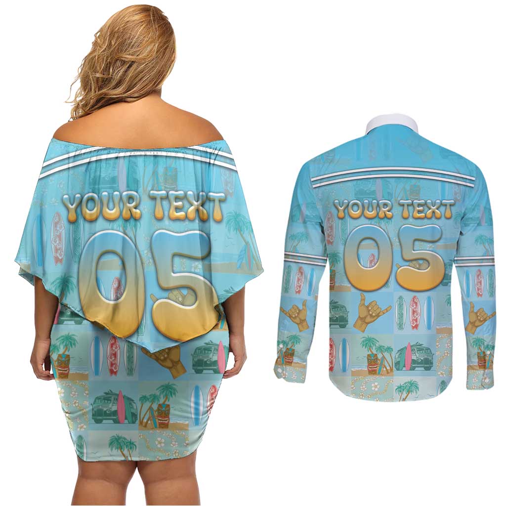 Custom Hawaii Surfing Couples Matching Off Shoulder Short Dress and Long Sleeve Button Shirt He'e Nalu