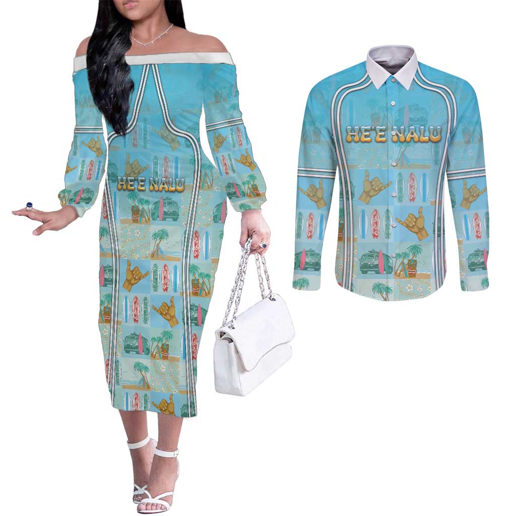 Custom Hawaii Surfing Couples Matching Off The Shoulder Long Sleeve Dress and Long Sleeve Button Shirt He'e Nalu DT05 Blue - Polynesian Pride