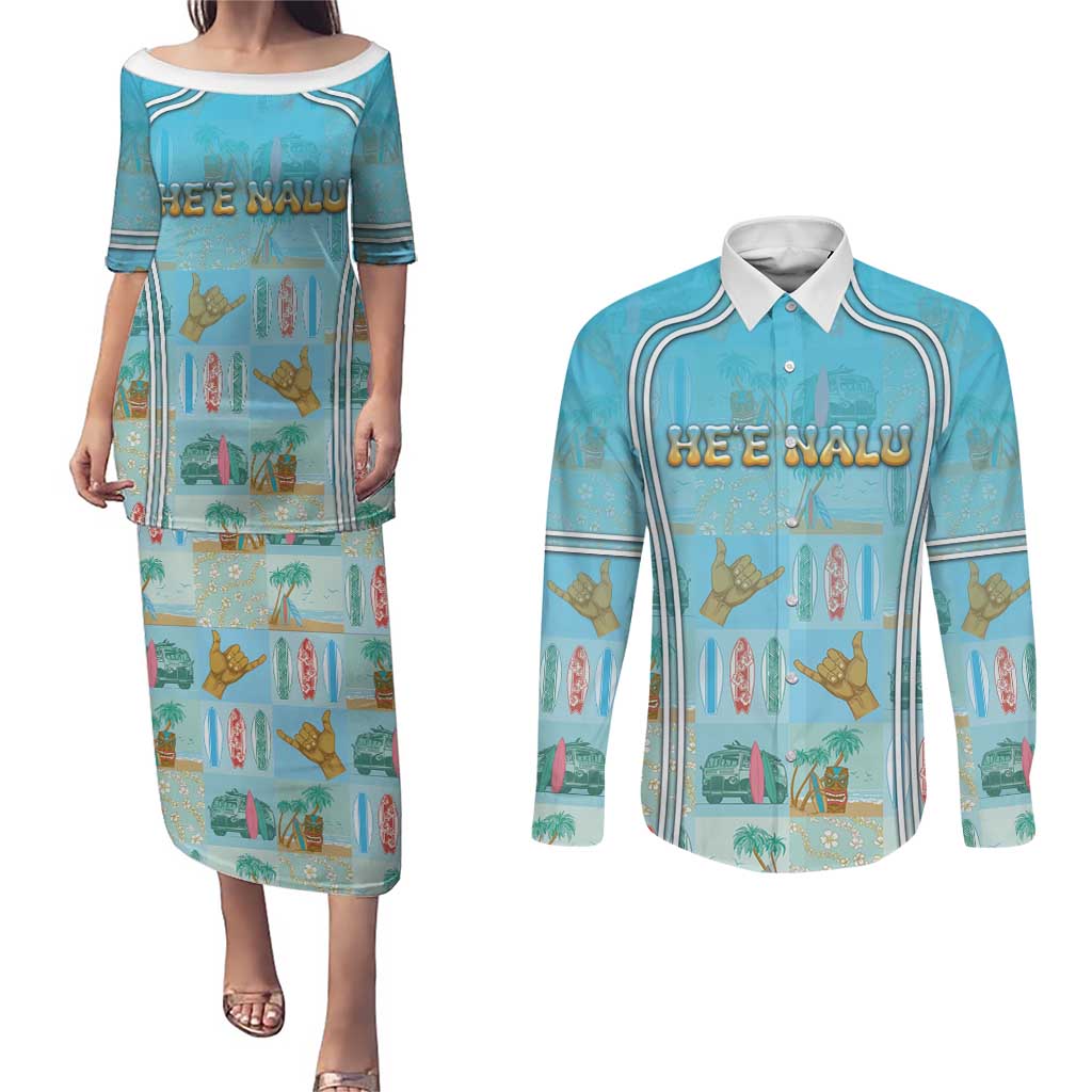 Custom Hawaii Surfing Couples Matching Puletasi and Long Sleeve Button Shirt He'e Nalu