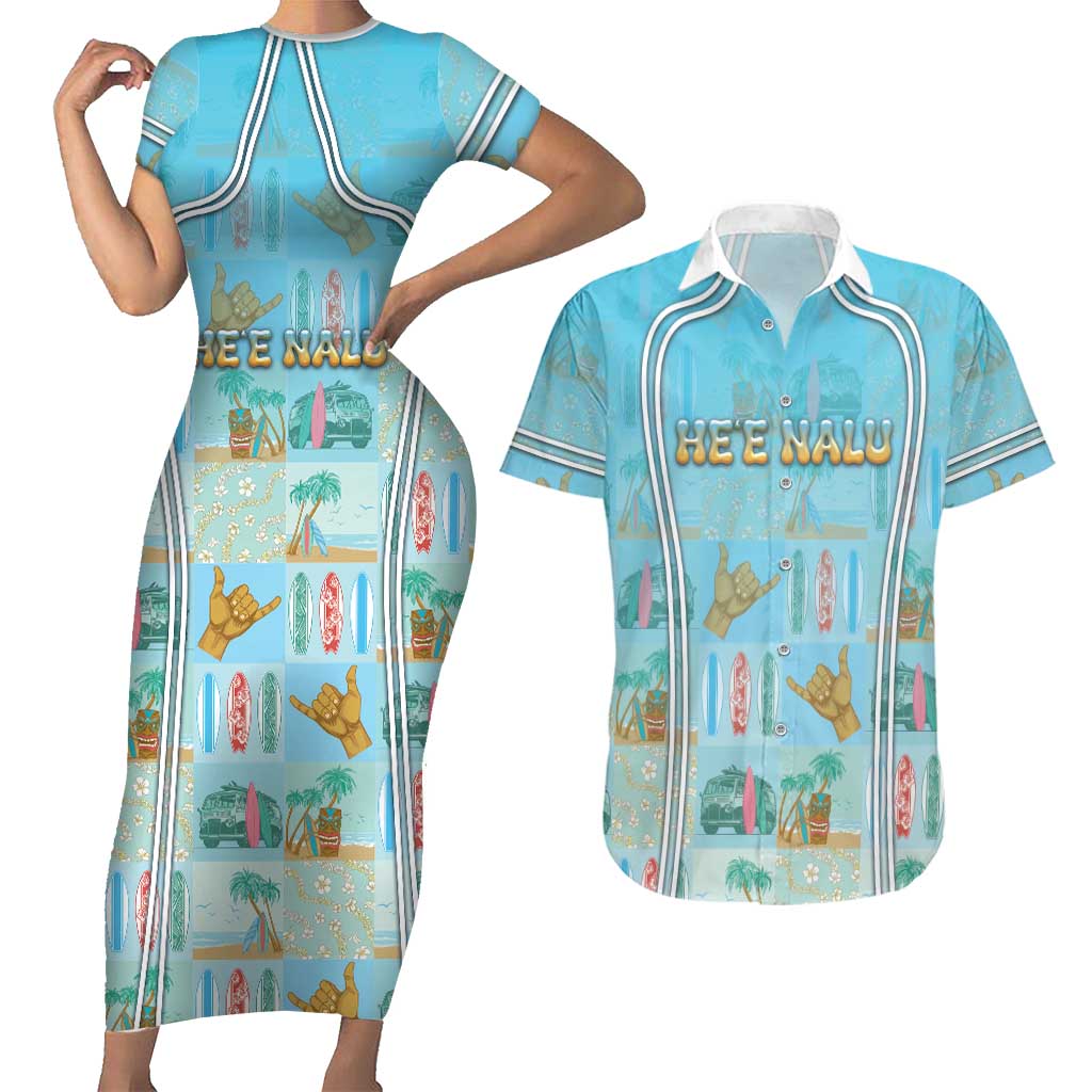 Custom Hawaii Surfing Couples Matching Short Sleeve Bodycon Dress and Hawaiian Shirt He'e Nalu