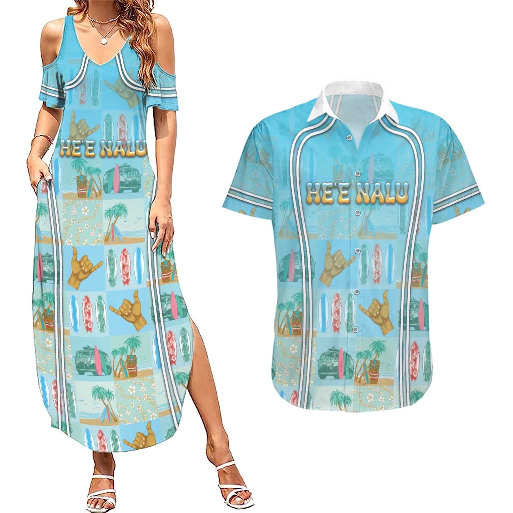 Custom Hawaii Surfing Couples Matching Summer Maxi Dress and Hawaiian Shirt He'e Nalu DT05 Blue - Polynesian Pride