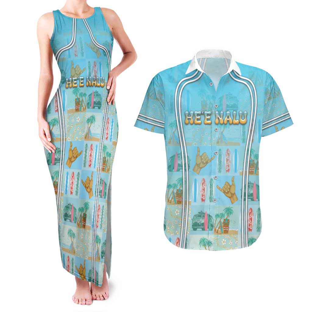 Custom Hawaii Surfing Couples Matching Tank Maxi Dress and Hawaiian Shirt He'e Nalu DT05 Blue - Polynesian Pride