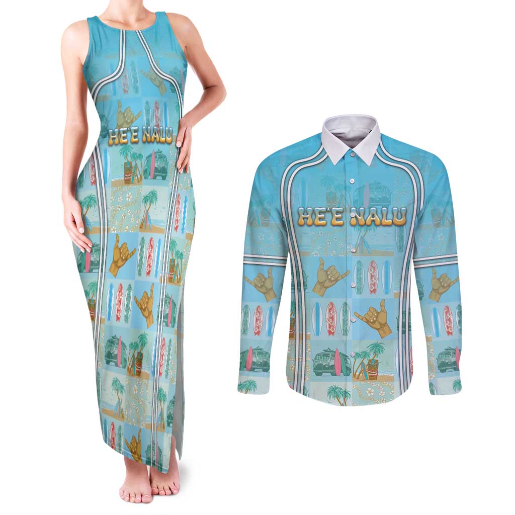 Custom Hawaii Surfing Couples Matching Tank Maxi Dress and Long Sleeve Button Shirt He'e Nalu