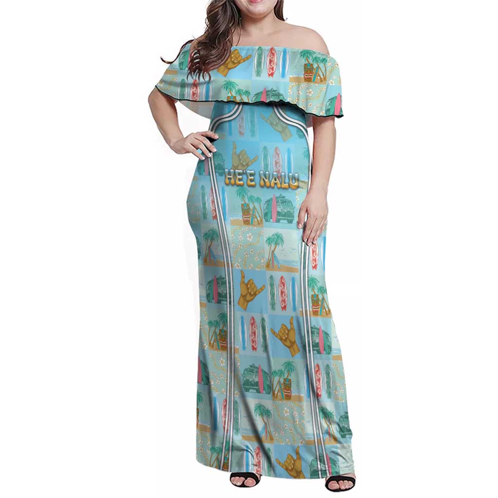 Custom Hawaii Surfing Family Matching Off Shoulder Maxi Dress and Hawaiian Shirt He'e Nalu