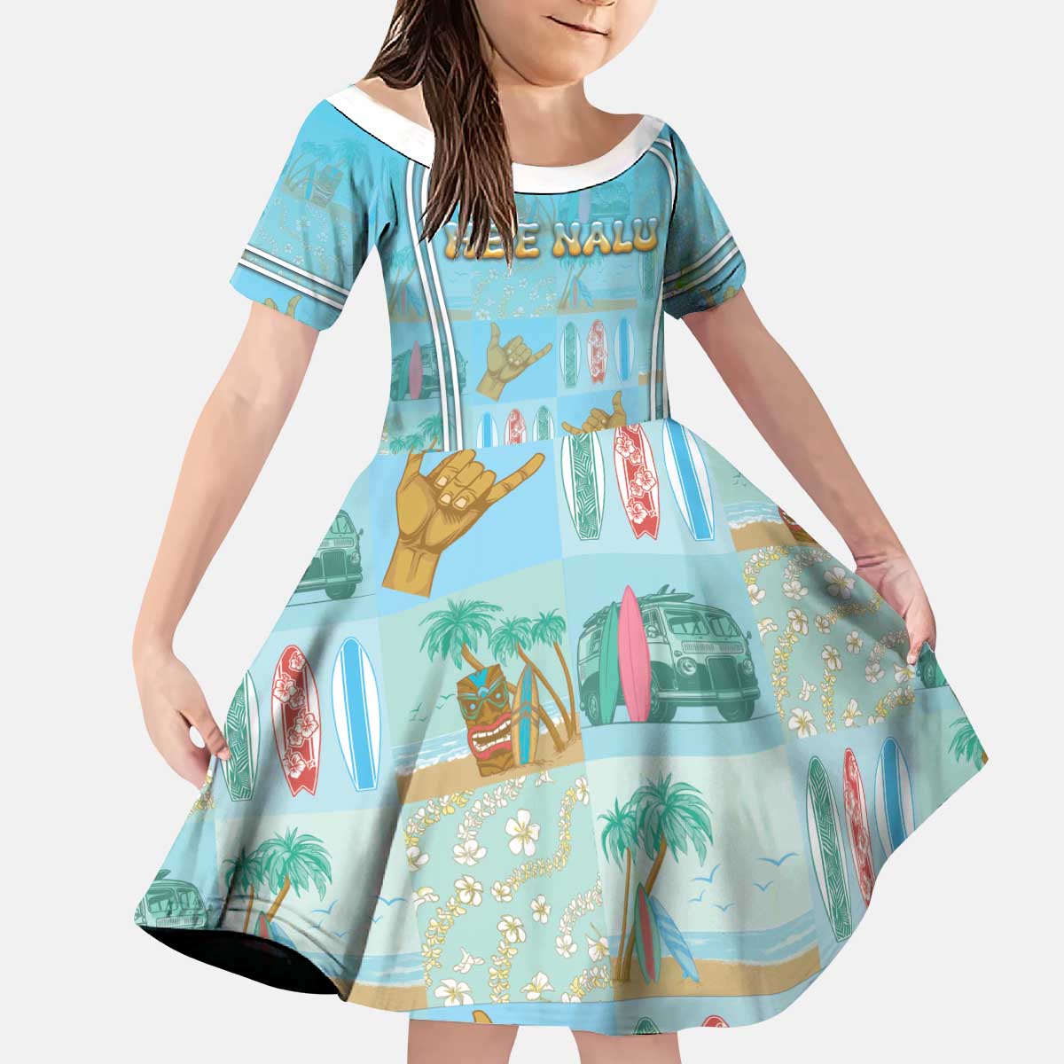 Custom Hawaii Surfing Kid Short Sleeve Dress He'e Nalu
