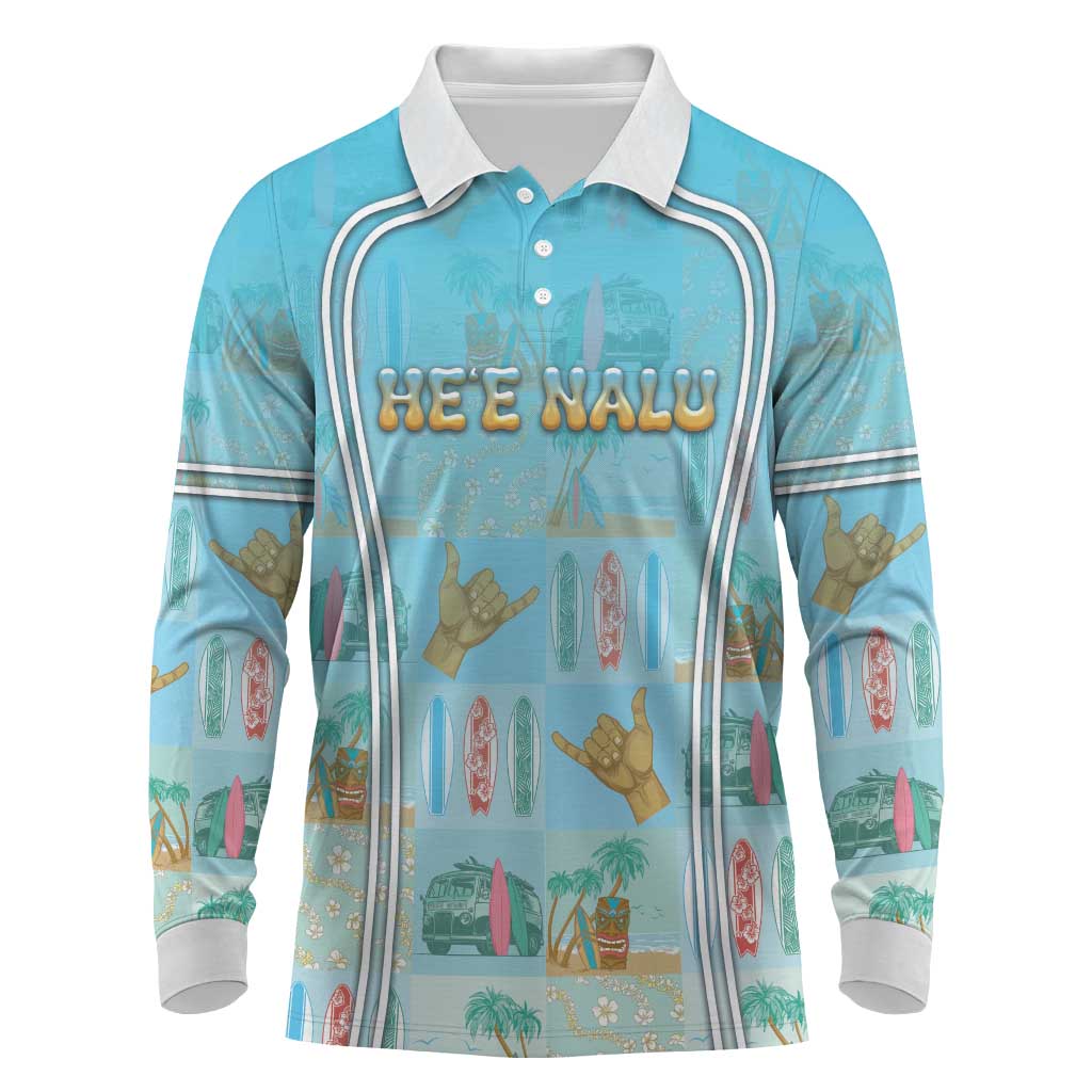 Custom Hawaii Surfing Long Sleeve Polo Shirt He'e Nalu DT05 Blue - Polynesian Pride